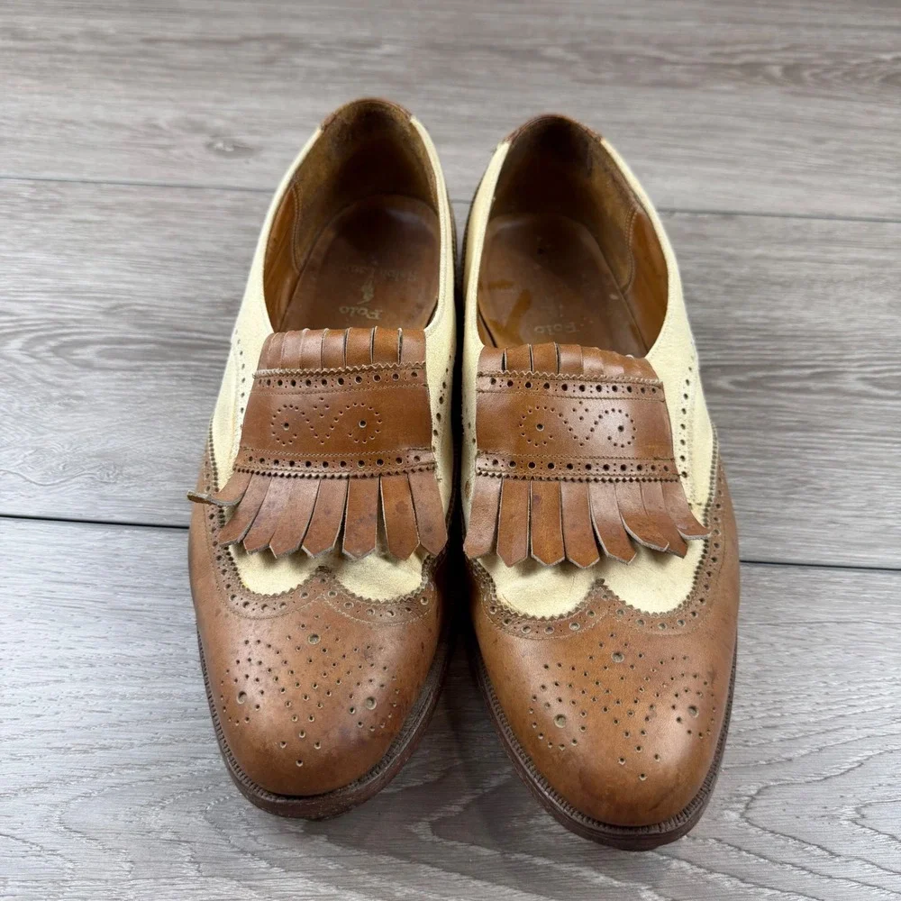 Polo Ralph Lauren Mens Loafers Kiltie Wingtip Vintage England Tan Cream 10.5